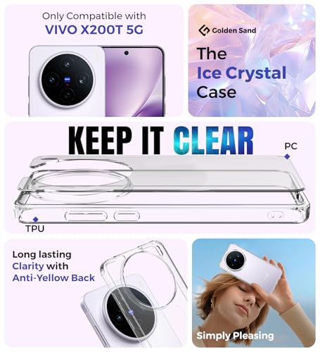 Image of Golden Sand Ice Crystal Transparent Back Cover for Vivo X200T 5G | Hybrid TPU + PC Case with Military-Grade Shockproof Protection & Raised Camera Guard (Crystal Clear)