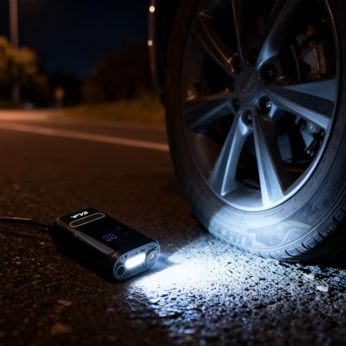 Image of TVS Portable Tyre Air Inflator 150 PSI - Digital Meter, LED Light, Multi-Nozzle, Multi-Mode, Rechargeable 2000 * 2 mAh Battery Air Pump for Car and Bike