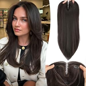 Eawwii Dark Brown Synthetic Hair Toppers for Women with Thinning 5×6 inch Large Base Coverage Clip in Wispy Bangs Upgraded Adjustable Bandage 18 Inch Long Layered