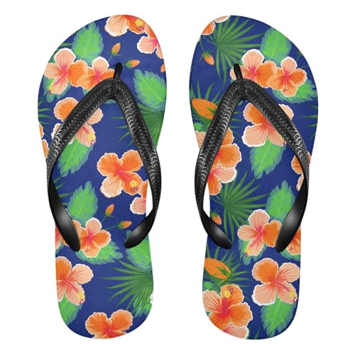Orange Hibiscus Palm Leaves Flip Flops for Beach Thong Sandals Anti-slip Lightweight Shower Shoes for Summer Travel Swim