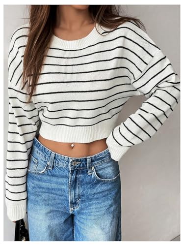 Verdusa Women's Striped Y2k Crop Sweaters Crew Neck Long Sleeve Pullover Knitted Tops3