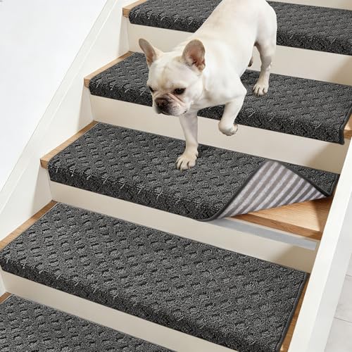 JSEI Bullnose Carpet Stair Treads, 4 Pcs Non Slip Stair Treads for Wooden Steps Indoor with TPE Backing, 11" x 30" Machine Washable Stair Runners with Edge Protection for Kids and Elders, Da