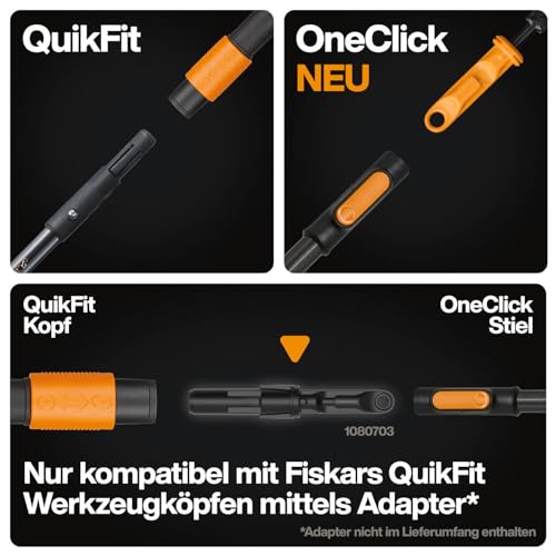 Fiskars OneClick Stiel L, Universeller Stiel für Gartenwerkzeugköpfe, Müheloses Wechseln mit nur einem Klick, QuikFit Adapter separat erhältlich, 161 cm, Leichtes Aluminium, Schwarz/Orange, 1080547