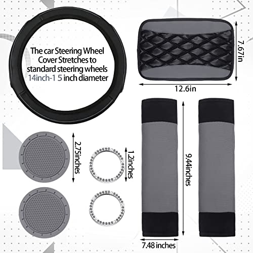 Sinmoe 17 Pcs Car Seat Covers Full Set, Steering Wheel Cover Center Console Pad Armrest Cover Seat Safety Belt Pad Seatbelt Covers Cup Mats Car Emblem Ring Sticker Accessories Set(Black, Gray)