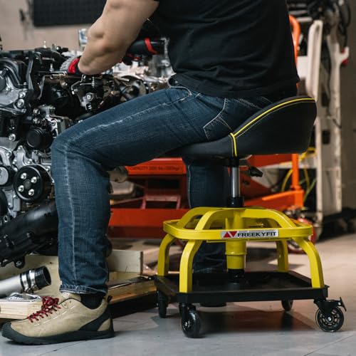 Image of Rolling Shop Stool with Wheels, Garage Work Mechanic Stool with Backrest, Roller Mechanic Chair, Adjustable Height, 360 Swivel, Tool Tray Storage, 330 LBS Capacity, Heavy Duty, Yellow