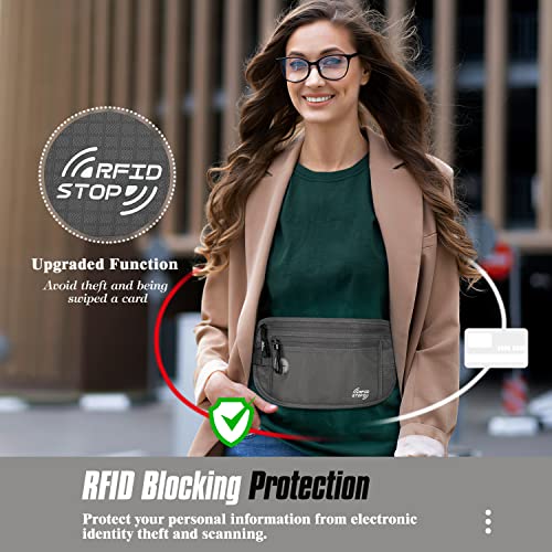 Image of MoKo Travel Money Belt, Hidden RFID Blocking Passport Wallet, Dark Gray | Slim money belt has a hidden pocket, moisture-wicking backing, RFID-blocking material, and an adjustable elastic strap.
