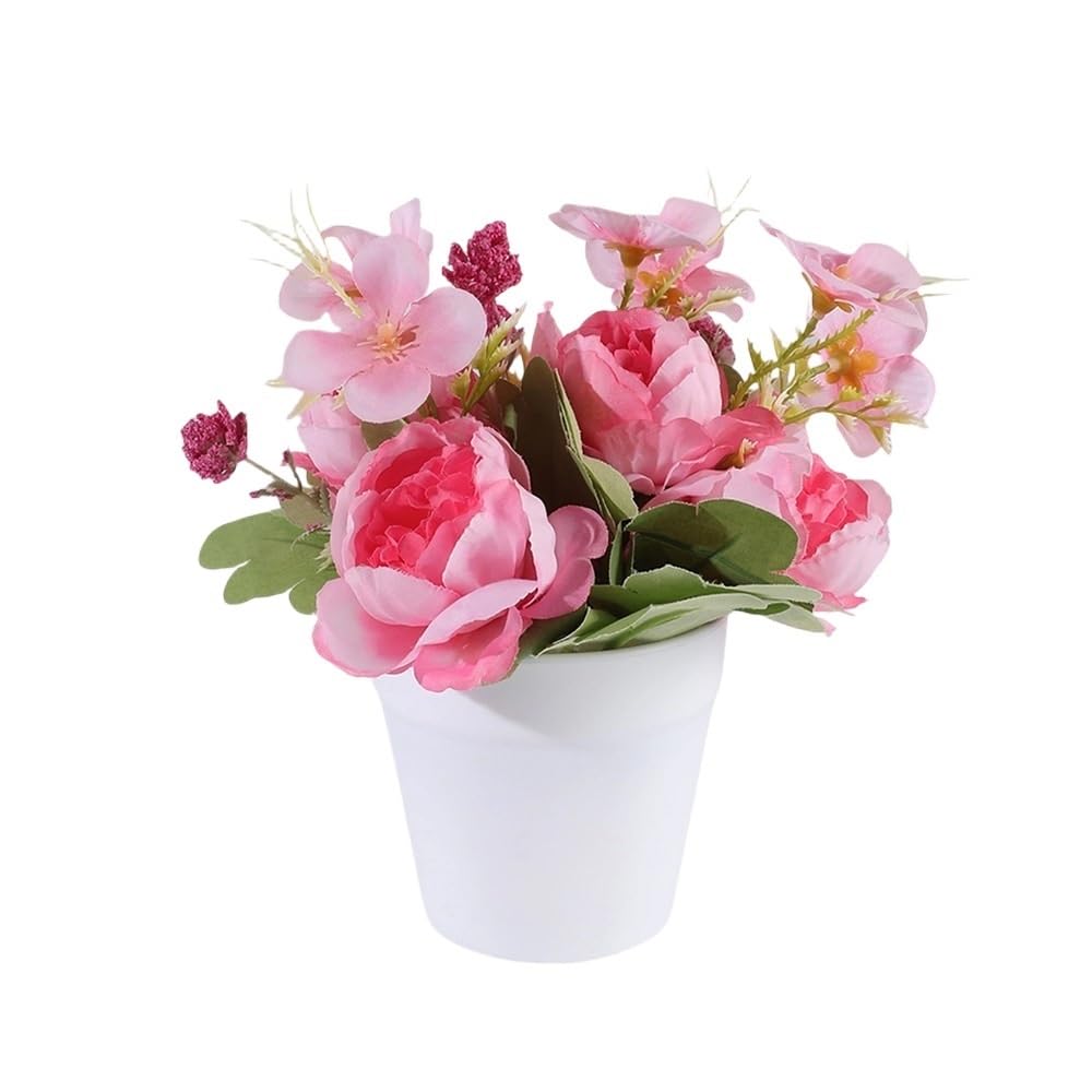 Huffa Rosered Simulated Peony Flower Arrangement - Realistic Plastic Potted Decor For Home And Dining Table, Indoor & Outdoor Use(Rosered)