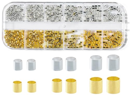 Hudinsun 1050 Pcs Silver and Gold Crimp Beads for Jewelry Making 1.5mm 2mm 2.5mm Crimping Bead Stopper Crimp Tubes for Earring Necklace Pendant DIY Jewelry Making