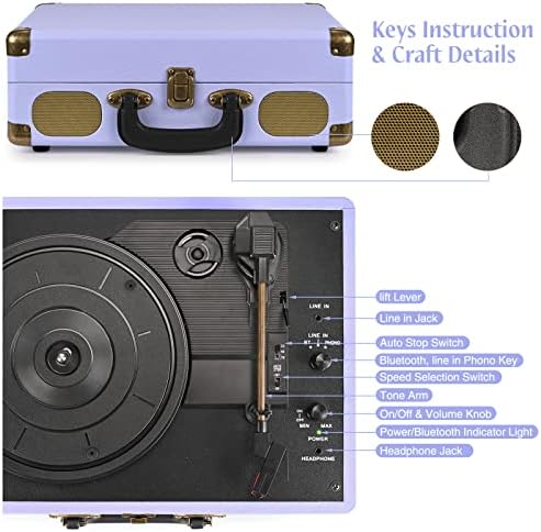 Retrolife® Record Player 3-Speed Suitcase Portable Belt-Driven Vinyl Record Players with Built-in Speakers Wireless Playback RCA Line Out AUX in Headphone Jack Vintage Turntable, Purple - 3