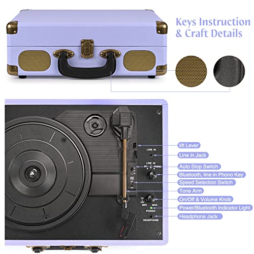 Image of Vinyl Record Player 3-Speed Bluetooth Suitcase Portable Belt-Driven Record Player with Built-in Speakers RCA Line Out AUX in Headphone Jack Vintage Turntable Purple