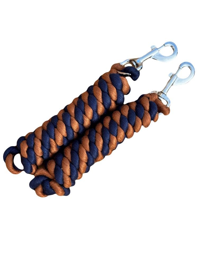 Cotton Lead Rope for Horse 2 Metres, Replaceable Robust Trigger Clip, Pack of 2 (Navy/Brown), 2 meter