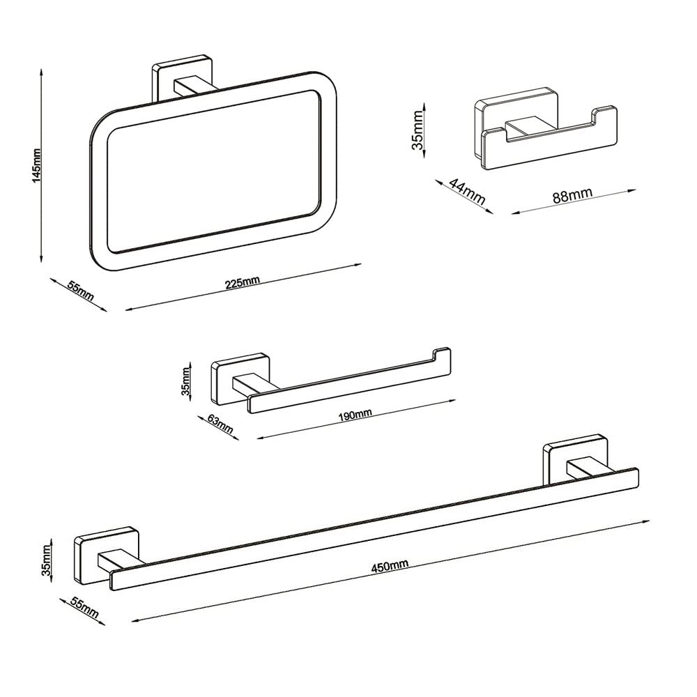 Pack Conjunto de 4 Accesorios de baño con Acabado Blanco Mate. Toallero de Anilla, toallero de Barra, Percha y portarrollos