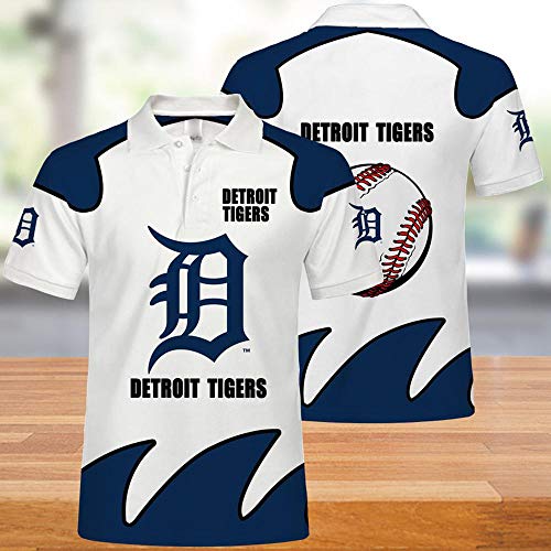 JKAINI MLB Polo De La Camiseta - Detroit Tigers En 3D Impresión De La Manga Unisex Undershirt Verano Ocasional Corto Capucha Tops White + Dark Blue-XXXXL