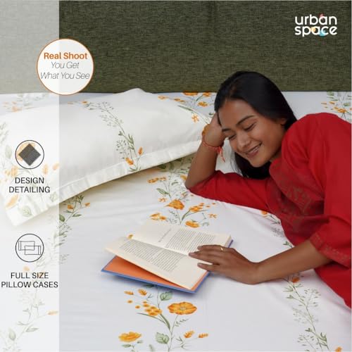 Image of Urban Space Serene 100% Cotton 200 TC Printed Bedsheet for Single Bed with 1 Pillow Cover (Size 58 x 90 inches, Veil Bloom - Yellow)