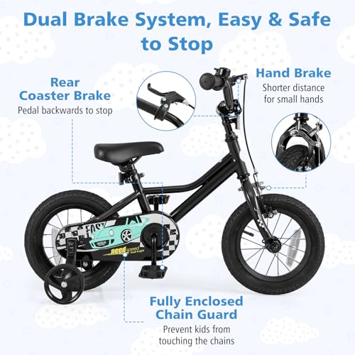 Image of BABY JOY Kids Bike, 12 14 16 18 Inches Car Pattern Sporty Bicycle w /Removable Training Wheels, Hand & Coaster Brakes, Adjustable Seat & Handlebar, Girls Boys Bike