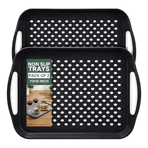 Zuvo Bandeja Antideslizante para Servir Alimentos con Asas (Juego de 2) – Plástico sin BPA, Ligero y Duradero – Bandejas Antideslizantes para sofá para Comer y Beber (Negro)