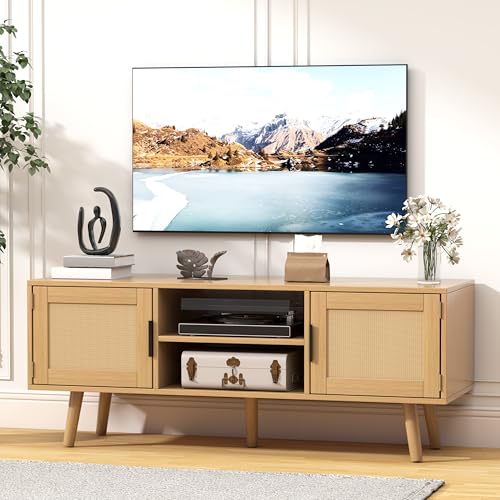 La Mejor Selección de Mesa para Tele los preferidos por los clientes. 46 RWDKDTX Mueble para TV, Centro de Entretenimiento para TV, Muebles Television Madera de Ratán de 3 Niveles, Mesa Tele con 2 Puertas y Estantes Abiertos para Sala, Recamara, Beige