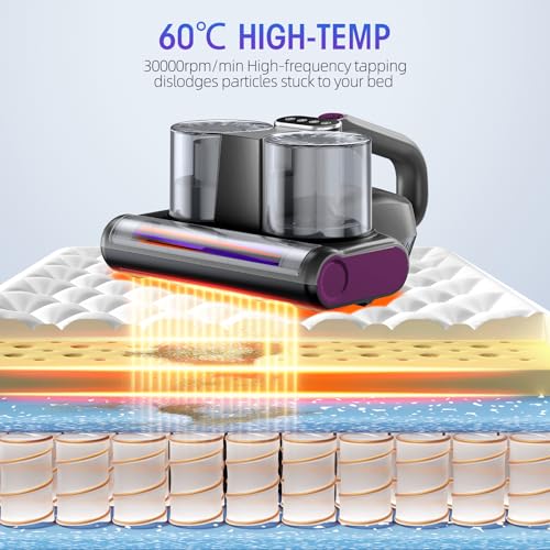 Mattress Vacuum Cleaner, 16Kpa Strong Suction Bed Vacuum with 253.7nm UV-C Light & Ultrasonic and High Heating, Dual Dust Cup, 500W, Corded