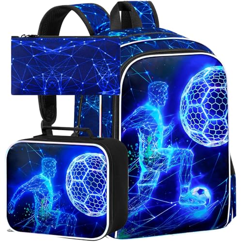 HPJGD 3 unidades de mochila infantil de futebol para meninos, conjunto de mochila resistente à água com lancheira, bolsa escolar legal para o ensino fundamental - jogador de futebol técnico