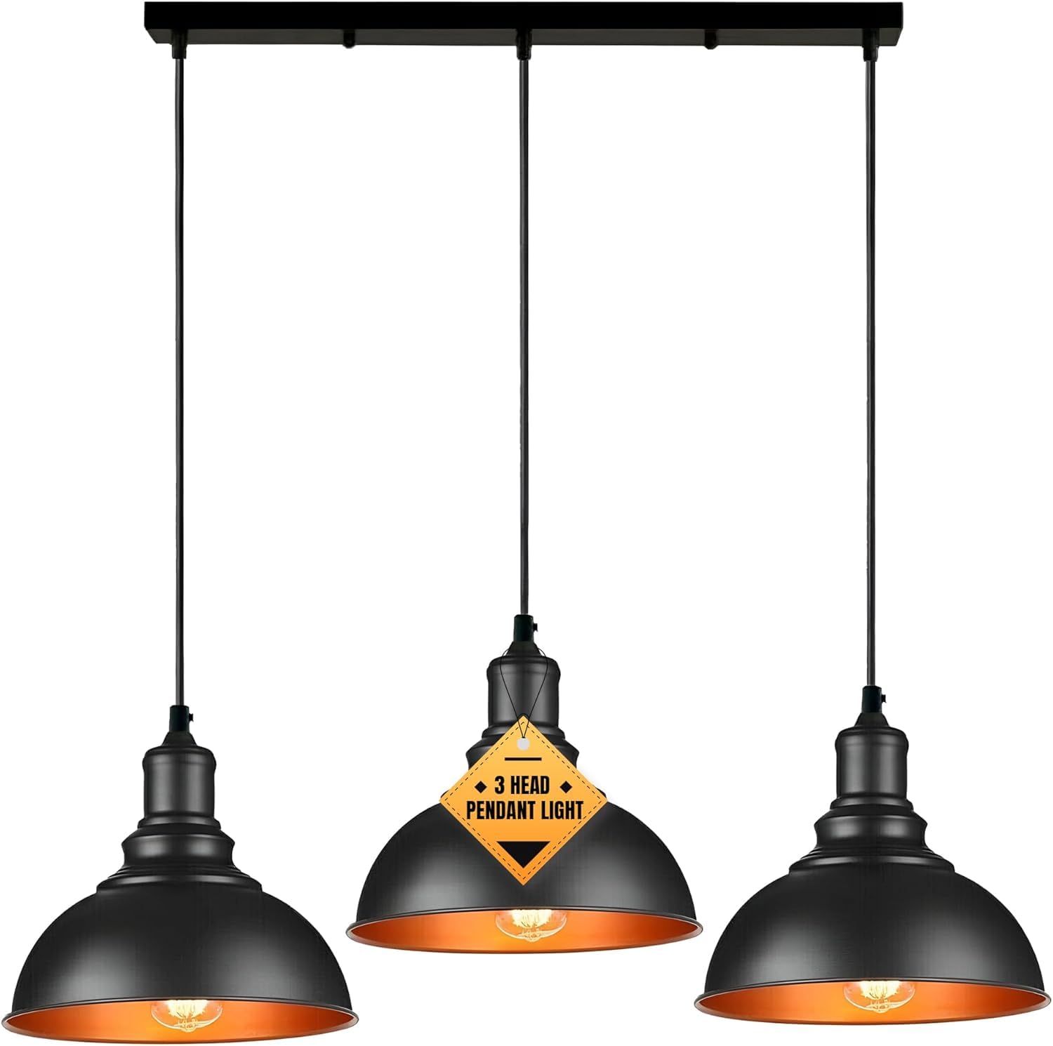 500mm Breakfast Bar Lights 3 Pendant Kitchen Island Lights Pull Down Dining Table Light Adjustable Hanging Shades Ceiling Light, Black Inner Gold Industrial Hanging Vintage Lighting Lamp Fixture