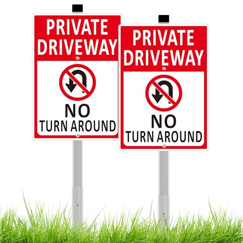 2 Pack No Turn Around Driveway Sign - 14x10 Inch Heavy Duty Aluminum Private Driveway Signs with Long Stakes Rust-Proof Weather Resistant Outdoor Yard Signs (Red)