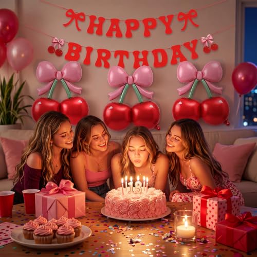 Image of Jetec 4 Pcs Cherry Birthday Decorations 3 Pink Bow Red Foil Cherries Balloons 1 Happy Birthday Pre-strung Cherry Banner for Girl Women Summer Fruit Pop up Baby Shower Decor Party Supplies