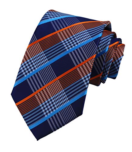 Men's Blue Orange Check Silk Ties Collections Italian Fabric Necktie Modern Working Luxury