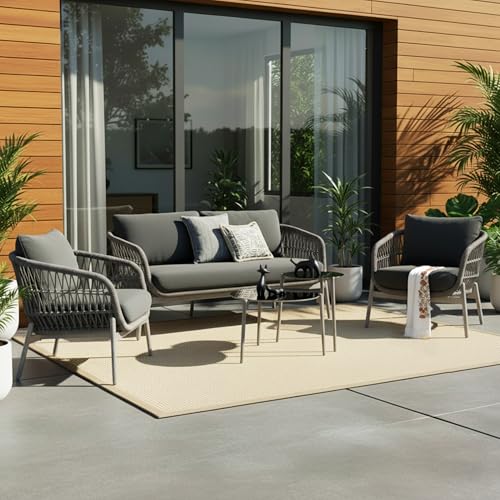 DEVOKO Outdoor 4 Seater Rope Sofa Conversation Set with Comfortable All Weather Water-Resistant...