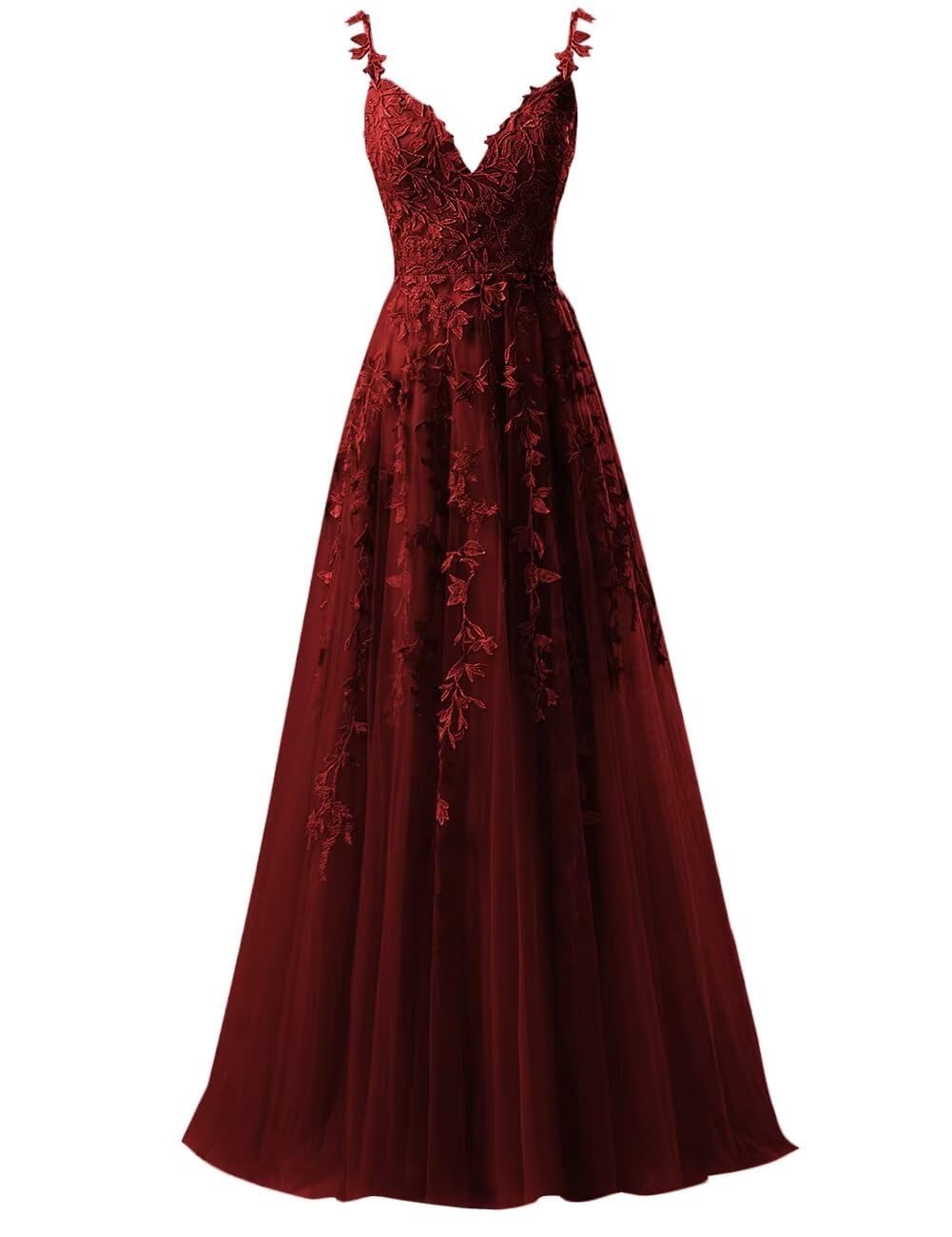 Kurface Women's Burgundy Tulle Prom Dresses For With Lace Applique V Neck Corset Elegant Formal Dress Evening Gown Uk6