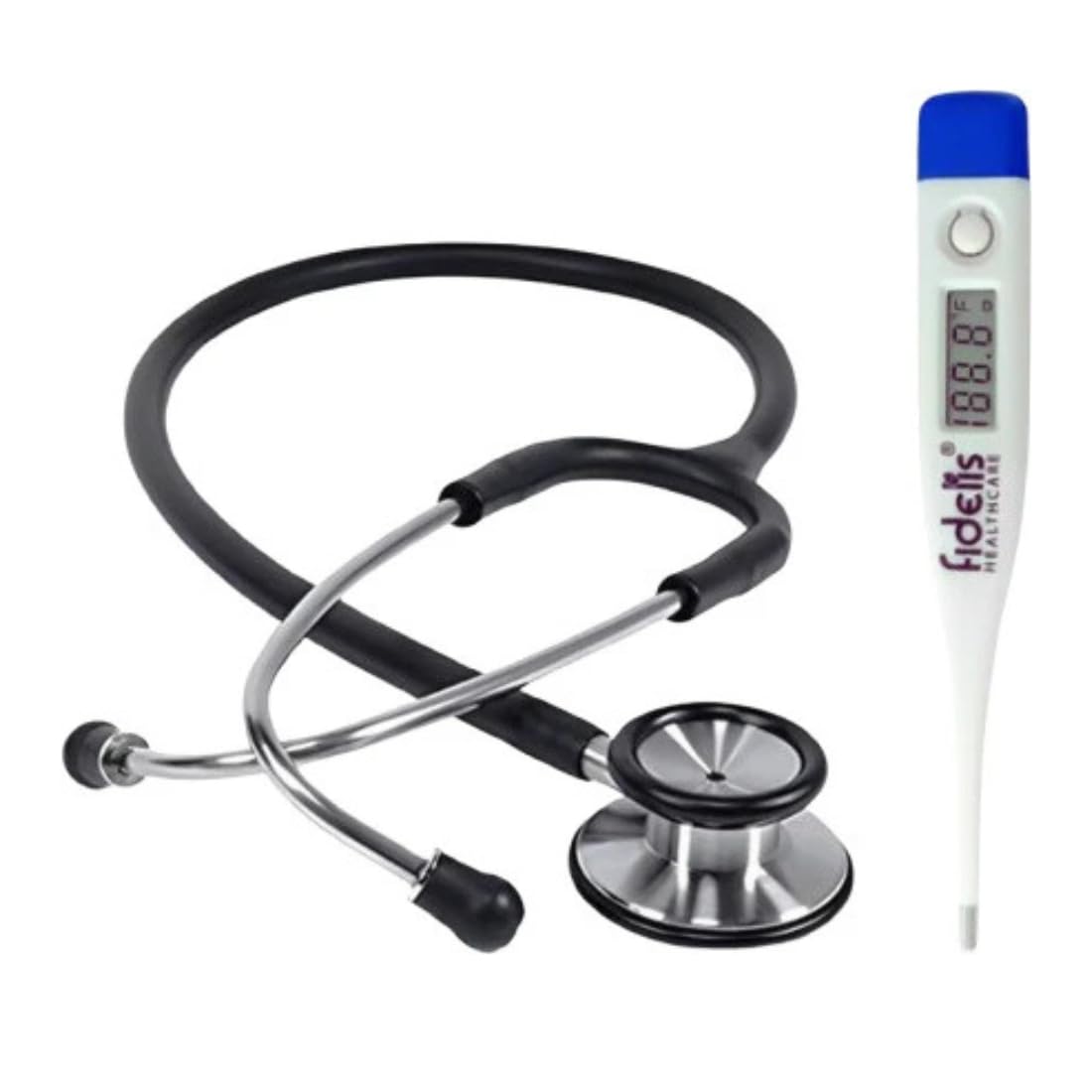 Fidelis Healthcare Combo of Black Editiion Stethoscope and Digital Thermometer for Doctors and Medical Students, Nurses