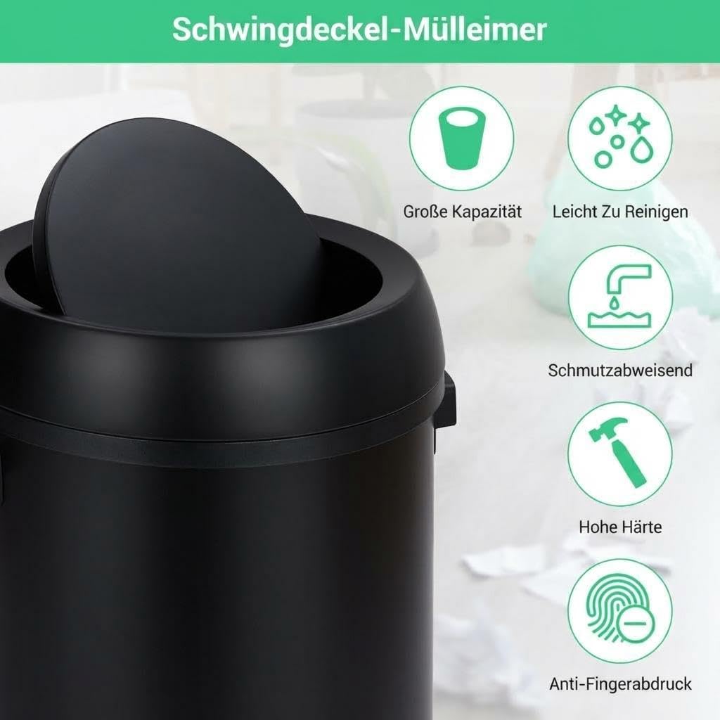 Edelstahl Mülleimer 65L Schwarz, Schwingdeckel, Rund, Gewerbe Abfallbehälter