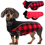 Kuoser Dog Winter Coat, Reversible Waterproof Dog Jacket with Reflective Strip, Warm Dogs Fleece Vest Adjustable Doggy Cold Weather Clothes Plaid Christmas Outfit Pet Apparel for Small Dogs, Red XS
