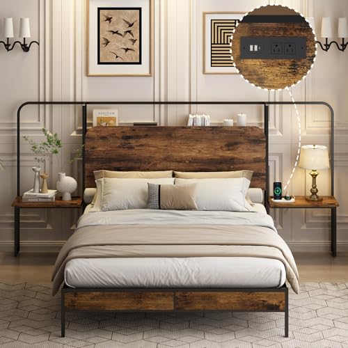 Catálogo de Cama Tubular Matrimonial los 10 mejores. 42 GILLAS 195×140cm Cama Matrimonial Base con 2 Mesilla de Noche, Marco de Cama de Metal con Espacio de Almacenamiento Debajo de La Cama, con Cabecera de Almacenamiento, Toma de...