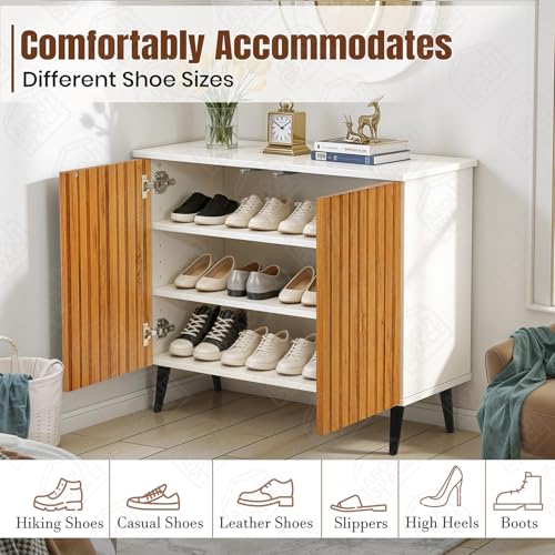 Image of ABOUT SPACE 3 Tier Shoe Rack with Door | Press Open 2 Door Engineered Wood Shoe Stand for Home | Smooth Non-Fluted-Effect Adjustable Shelf Raised Legs 9-12 Pair Shoes Storage Cabinet |White & Teak