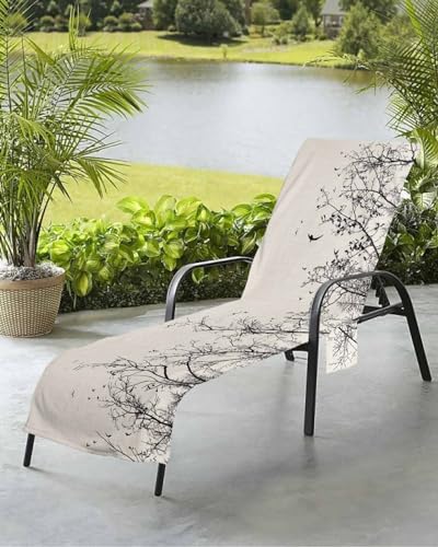 Tree Branch Beach Chair Towel Covers for Chaise Lounge with Side Pocket, Soft Plush Pool Towels Cover for Patio Sunbathing Outdoor 29''x85'' Abstract Watercolor Rustic Farmhouse