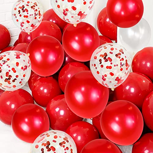 Image of Royal Red & Gold Latex Balloons - 12 Inch, Metallic Gold, Confetti Mix with Ribbon - 50 Pack for Birthday, Wedding, Baby Shower Parties