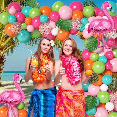 Image of 136Pcs Tropical Balloons Arch Garland Kit, Flamingo Luau Party Decorations | Hot Pink Rose Gold Fruit Green Blue Balloons Palm Leaves for Tropical Party Decorations Hawaiian Aloha Birthday Wedding Decor