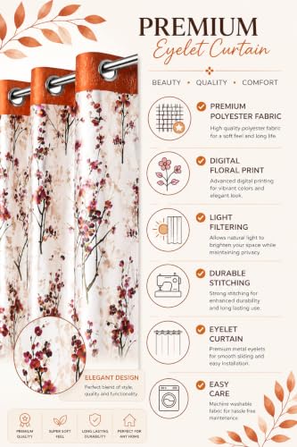 Image of 9 Feet Polyester Floral Light Filtering Long Door Curtains for Bedroom, Living Room & Hall, Eyelet Top, Orange Print Curtain Set of 3