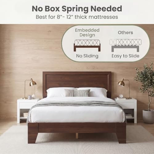 Image of GIANTEX Full Size Wooden Bed Frame with Headboard, Wood Slat Support