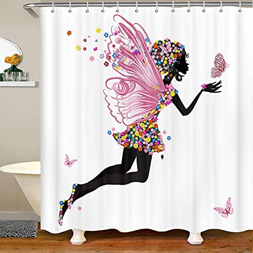 Loussiesd Butterfly Bath Curtain Flower Fairy Shower Curtain Kids Girls Colorful Floral Bathroom Curtain Set including Hooks Girly Butterflies Waterproof Cloth Fabric Fantasy Bedroom 72x94 Inch