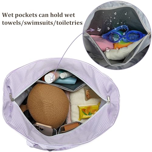 Image of LEDAOU Large Beach Tote Bag Women Waterproof Sandproof Zipper Beach Tote Bag for Pool Gym Grocery Travel with Wet Pocket | Waterproof