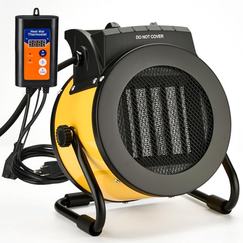 LHUKSGF Greenhouse Heater with Thermostat, Outdoor Heaters for Patio, 3 Modes for PTC Ceramic Fast Heating, Overheat Protection, IPX4 Waterproof for Greenhouse, Grow Tents, Patio, Black-Yellow