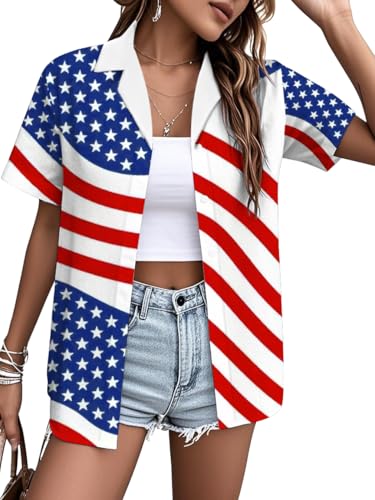 Image of American Flag Shirt for Women 4th of July USA Button Up Tops Summer Hawaii Floral Patriotic Stripes Graphic Tee