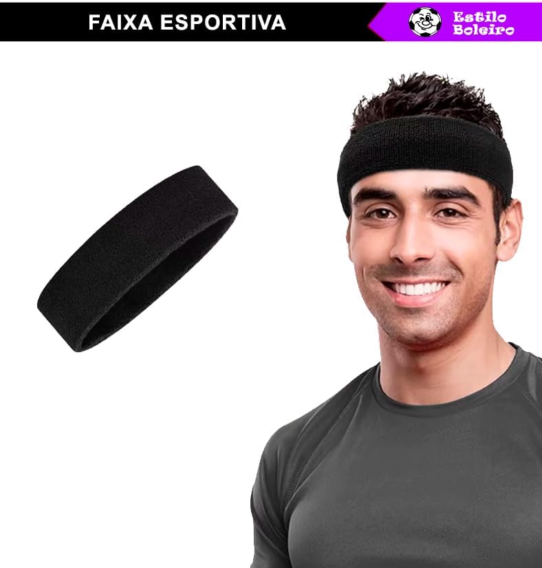 Faixa Unissex Esportiva Testeira Atoalhada Preta Alta Absorção de Suor