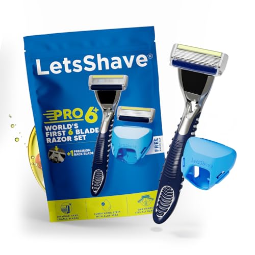 LetsShave Pro 6 Plus Razor for Men | 1 Cartridge, 1 Handle, Protective Cap | World's First 6-Blade Shaver with Precision Back Edge | Argan Oil & Aloe 