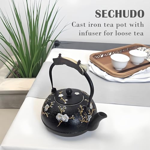 Image of Cast Iron Teapot SECHUDO Teapot for Stovetop Safe Coated with Enameled Interior,Japanese Beautiful Tea Kettle with Stainless Steel Infuser for Loose Tea (60.9oz Plum Blossoms and Bird Pattern)