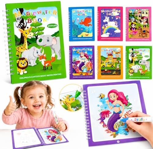 Tangdudu 6-teiliges Magisches Wassermalbuch Wiederverwendbare Wasserfarbenbücher für Kinder mit 6 Wasserstiften, sauberes Lernspielzeug, Reisespielzeug, Aktivitätsbuch für Jungen u
