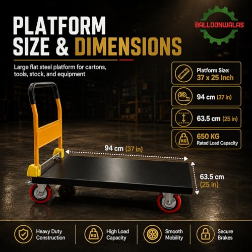 Image of Heavy-Duty Platform Trolley 650 KG, 37 x 25 Inch Steel Deck Platform Truck with Foldable Handle, Lockable 6 Inch PU Wheels for Warehouse, Factory & Industrial Use