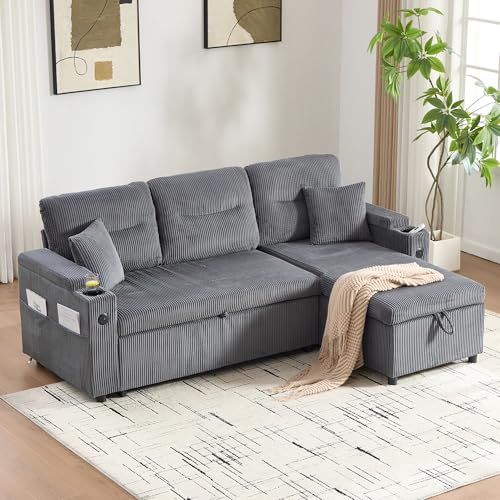 YuQozii UN moderno sofá de pana de tres plazas con espacio de almacenamiento, soportes para bebidas y puerto USB-C. Una chaise longue hidráulica y UNA cama con cajón: diseño elegante y comodidad