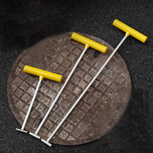 3 Pcs Manhole Cover /Hand Hole Hook, Protable Steel Tool Lifter for Storm Drain, Sump Pump, and Concrete Septic Covers, Stainless Steels Pry Bar with Yellow Non-slip Handles(Dia 8mm,L-48cm/18.9in)